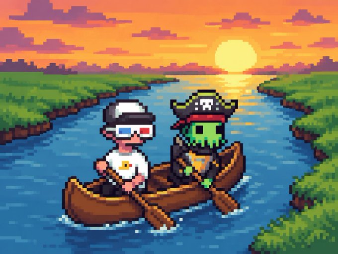 Pixel art depicting two characters in a wooden canoe paddling down a river at sunset, with one character wearing 3D glasses and the other a skull mask and pirate hat.