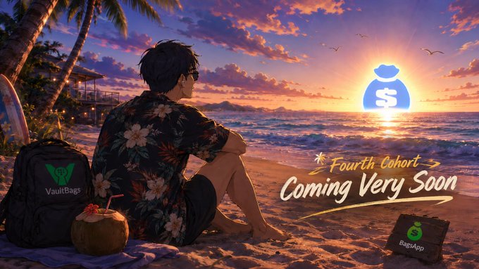 An anime-style illustration shows a young man in a Hawaiian shirt sitting on a tropical beach at sunset, gazing at a money bag with a dollar sign glowing on the horizon, with "Fourth Cohort Coming Very Soon" text and VaultBags/BagsApp logos displayed.

The image reinforces the post's message by depicting a relaxed, aspirational beach scene alongside the "Fourth Cohort Coming Very Soon" announcement, symbolizing the rewards awaiting future $VAULT holders as the developer continues building the VaultBags project.