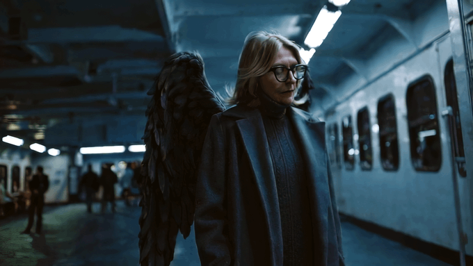 The image features a woman with long blonde hair wearing glasses standing next to a subway train. She has an angelic appearance, as if she were a fairy or a deity from another world. The background of the photo shows a subway station, indicating that this scene takes place in a public transportation setting. The post also mentions "Ferry Angel" and "Angel Under The Manhattan Bridge," which could be related to the woman's character or her connection with the fairy tale "The Ferry Man."