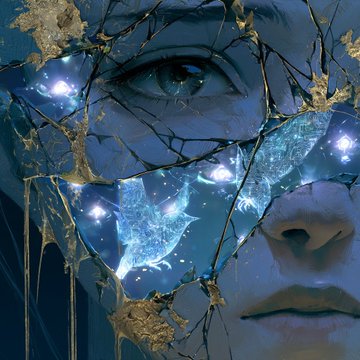 A surreal digital artwork depicts a pale blue face partially obscured by fractured glass and dripping gold, with a glowing blue eye and a translucent butterfly near the cheek.