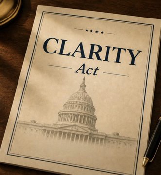 A document cover displaying the title 'CLARITY Act' above an illustration of the U.S. Capitol building, resting on a wooden surface next to a pen.