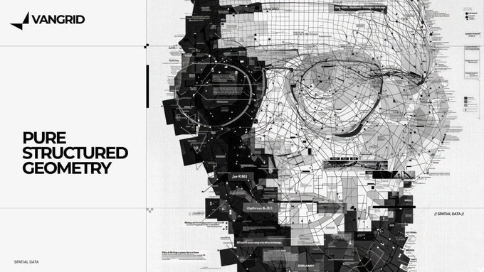 A graphic poster displays the text 'VANGRID' and 'PURE STRUCTURED GEOMETRY' alongside a wireframe portrait composed of geometric data points.