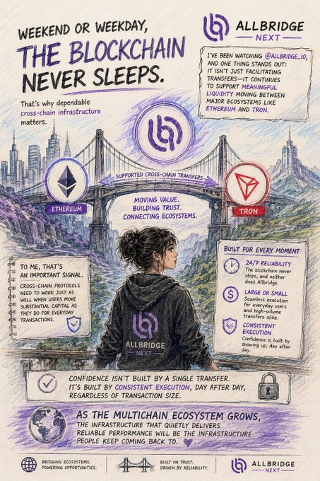 A handwritten-style infographic for 'Allbridge Next' titled 'THE BLOCKCHAIN NEVER SLEEPS,' illustrating cross-chain transfers between Ethereum and Tron ecosystems with icons for reliability, large/small transfers, and consistent execution.