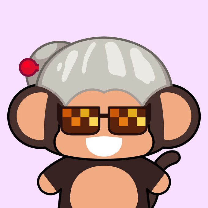 A digital illustration of a cartoon monkey character wearing a shower cap with a red light and pixelated sunglasses, smiling against a light purple background.