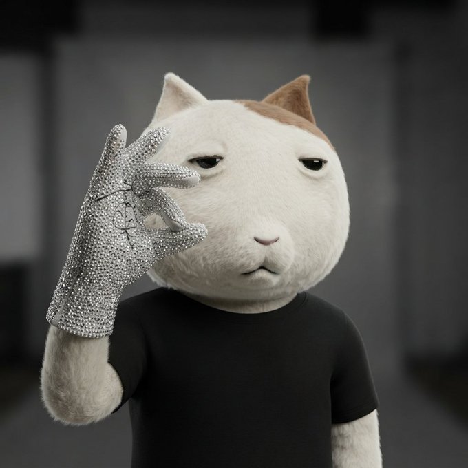 A white cat with a small brown patch on its head, wearing a black t-shirt and a sparkly silver glove, giving a salute with an unimpressed expression.