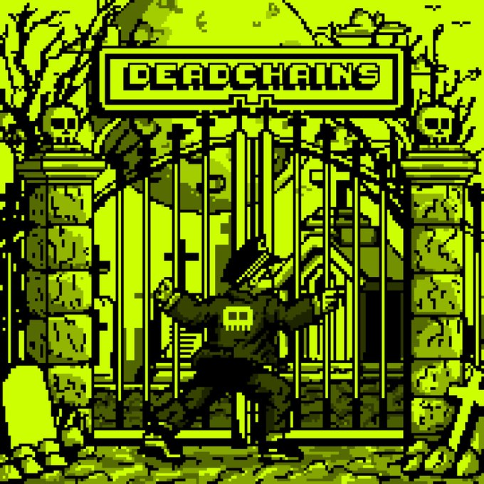 A green-tinted pixel art graphic for 'DEADCHAINS' depicting a figure in a hooded robe with a skull emblem trapped behind a locked gate, flanked by stone pillars topped with skulls.