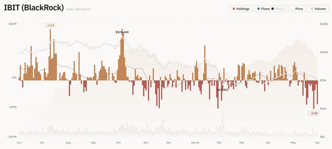 The image shows a line chart depicting the daily movement of Bitcoins over the past two months, with Bitcoin's price fluctuating upwards and downwards consistently. The chart indicates that Bitcoin has experienced an overall upward trend during this period, with a total net flow of -6,164 Bitcoins and a total outflow of $2.2B throughout. The chart also shows a current day where the Bitcoin price is at around $110. It seems to be in good financial standing despite some fluctuations seen over time.
