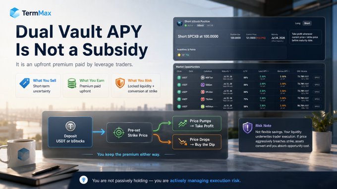 A promotional infographic from TermMax explaining that the "Dual Vault APY Is Not a Subsidy," but rather an upfront premium paid by leverage traders for selling short-term uncertainty on assets like USDoT or bStocks (such as USDoT, WBTC, and bSoLX, with APYs around 98-75%). The diagram illustrates how deposits are pre-set with a strike price that either executes at price pumps (Take Profit) or price drops (Buy the Dip), with a disclaimer that liquidity providers are actively managing execution risk rather than passively holding.