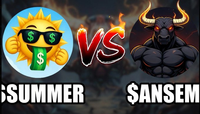 The image features a versus-style graphic showing two crypto mascots facing off: a sun character wearing dollar-sign sunglasses holding a "SUMMER" money bill on the left, and a fierce muscular bull with glowing orange horns labeled "$ANSEM" on the right, with a fiery "VS" between them, illustrating the post's playful competition between Summer Token ($SUMMER) and $ANSEM to see which reaches $1 first based on engagement.