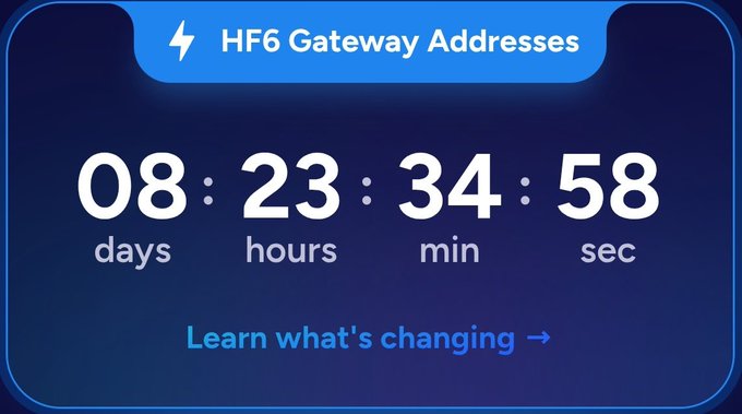 A blue countdown timer graphic labeled 'HF6 Gateway Addresses' showing 08 days, 23 hours, 34 minutes, 58 seconds remaining, with a 'Learn what's changing' call-to-action link.