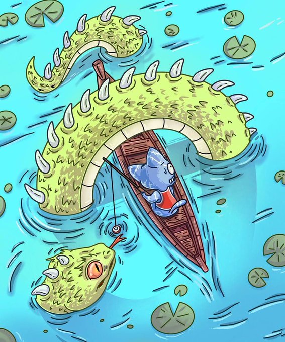 Illustration of a blue cat in a red shirt fishing from a small wooden boat, being attacked by a large green tentacled sea monster emerging from blue water dotted with lily pads.