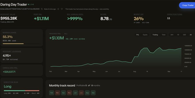 A trading dashboard screenshot labeled "Daring Day Trader" showing an account value of $955.28K, +$1.11M P&L, a 55.3% margin grade, and 4.95x account leverage, with a performance chart trending sharply upward.