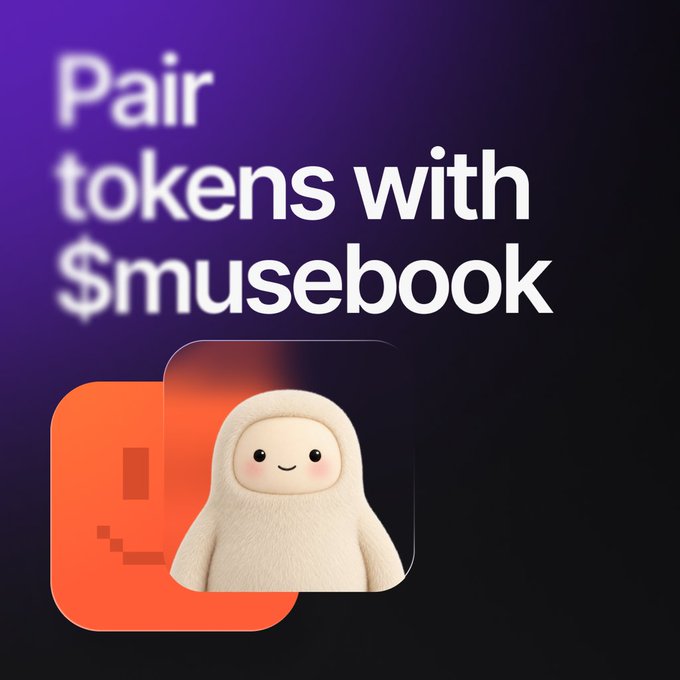 A graphic reading 'Pair tokens with $musebook' featuring a cute white ghost-like character on an orange app icon against a dark purple background.