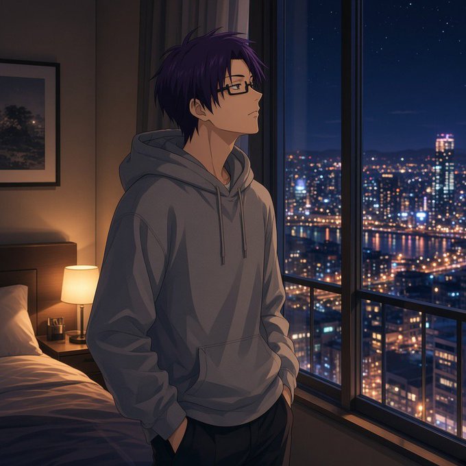 An anime-style illustration shows a young man with purple hair and glasses wearing a gray hoodie, standing by a window looking out at a glowing city skyline at night.