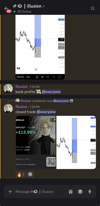 A Discord chat screenshot from a user named 'illusion' showing messages about booking profits and closing a trade on XRP/USDT, along with an image showing a +112.99% gain.