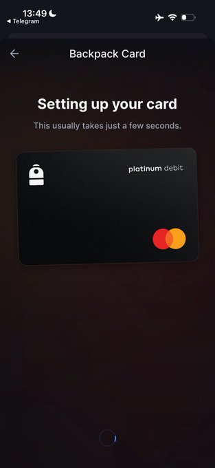 A smartphone screenshot displays the "Backpack Card" setup screen with the text "Setting up your card" and a "platinum debit" card featuring a lock icon and Mastercard logo, illustrating the user's experience receiving and activating their new Backpack credit card.