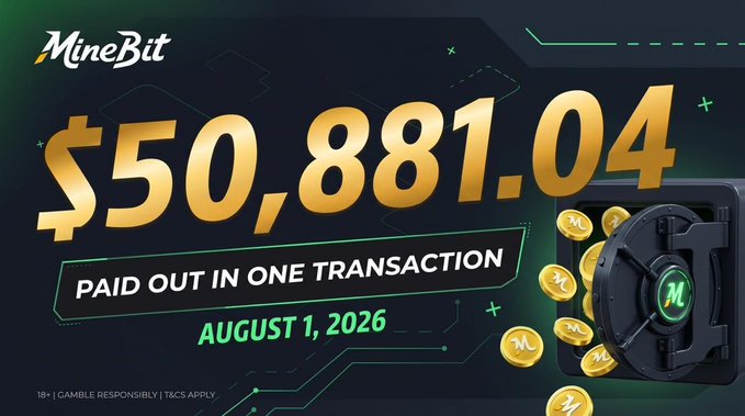 A promotional graphic from MineBit showcases a $50,881.04 payout completed in a single transaction on August 1, 2026, accompanied by a safe and coins, visually demonstrating the platform's fast and reliable withdrawal capabilities mentioned in the giveaway post.