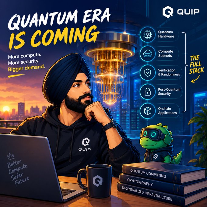 A promotional graphic titled 'QUANTUM ERA IS COMING' by QUIP, featuring a bearded man in a turban alongside a green dinosaur mascot, highlighting 'THE FULL STACK' including Quantum Hardware, Compute Subnets, Verification & Randomness, Post-Quantum Security, and Onchain Applications.
