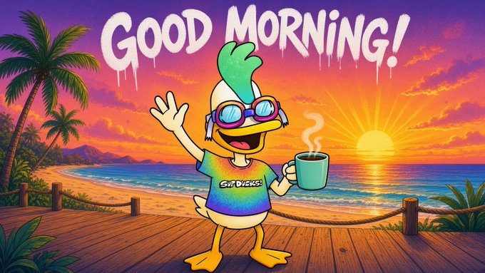 A cartoon duck wearing sunglasses and a tie-dye shirt waves while holding a coffee mug on a beach at sunset, with 'GOOD MORNING!' displayed at the top.