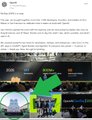 A blurry screenshot of a social media post with a green arrow pointing to a stadium event, mostly illegible.