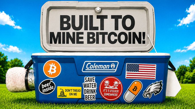 The image shows a blue Coleman cooler adorned with various stickers—including Bitcoin logos, an American flag, and Eagles branding—with bold text reading "BUILT TO MINE BITCOIN!" painted on its open lid, visually promoting a DIY Bitcoin ASIC mining project that compares a $550 homemade silencer build against the Upstream Data BlackBox.