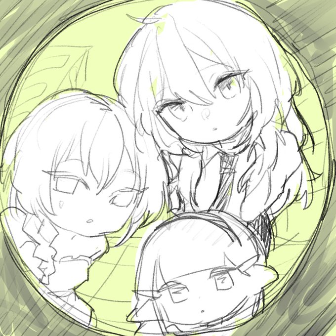 A pencil sketch of three anime-style characters with short hair, framed within a circular green vignette.