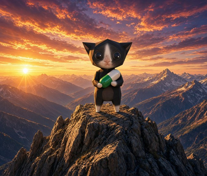 A surreal AI-generated image of a cat wearing a geometric black mask and holding a green pill, standing on a mountain peak against a dramatic sunset backdrop.