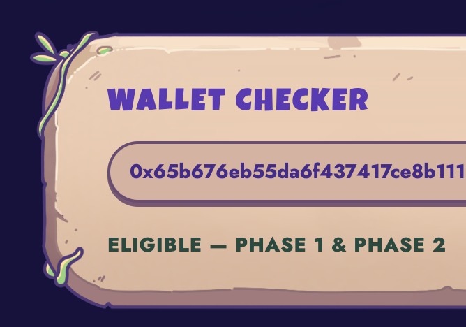 A 'WALLET CHECKER' graphic showing a partial Ethereum address and the text 'ELIGIBLE – PHASE 1 & PHASE 2'.