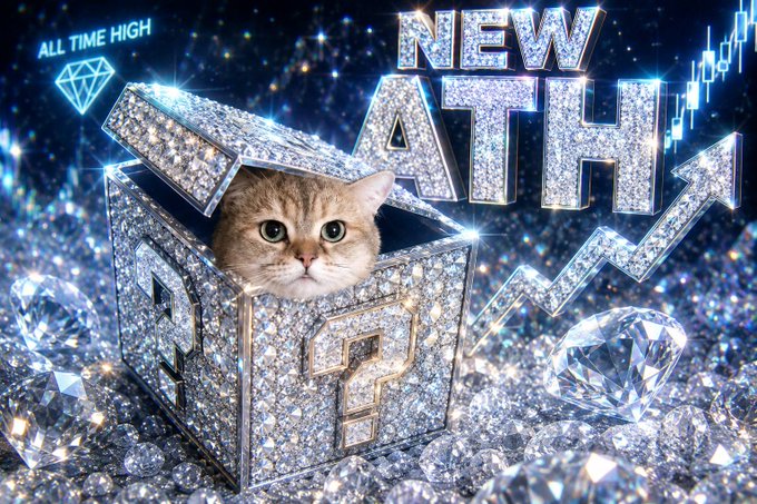 A digitally rendered image of a cat peeking out of a diamond-encrusted box, with text reading "ALL TIME HIGH" and "NEW ATH" in sparkling silver letters.
