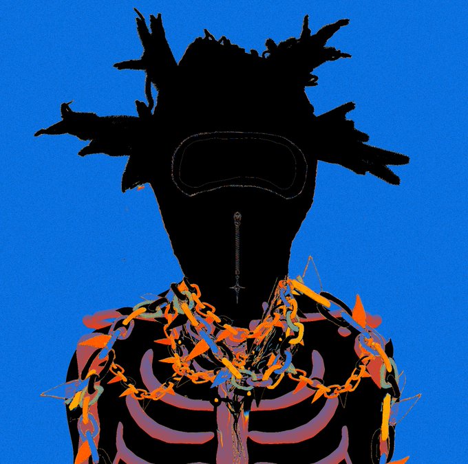 A dark silhouette of a figure with spiky dreadlocks, a ski mask with goggles, and a zipper down the face is set against a bright blue background, adorned with orange and blue chains over a visible ribcage. The edgy, graffiti-style NFT artwork visually represents the "notthesamepfp" collection being promoted in the drop announcement.