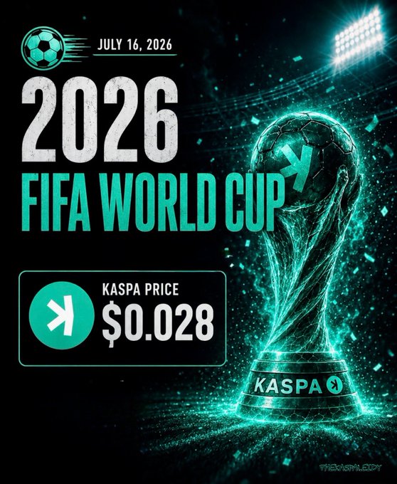 Promotional graphic for '2026 FIFA World Cup' dated July 16, 2026, showing a glowing trophy with a soccer ball, advertising 'KASPA PRICE $0.028' by TheKaspaCity.