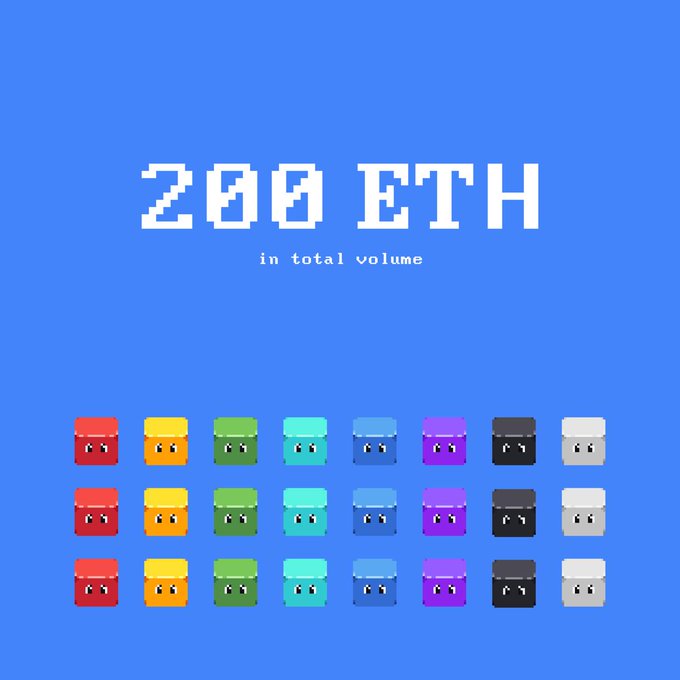The image features a collection of colorful cubes, each with a unique design and color scheme. The cubes are arranged in rows against a blue background, creating an eye-catching display. The text "200 ETH" is prominently displayed at the top of the image, indicating that there are 200 eth coins available for purchase or exchange. The post also mentions that these eth coins have been collected by someone who loves them so much they've crossed off all but one.
