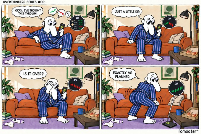 A four-panel comic strip titled 'OVERTHINKERS SERIES #001' by Fomoater showing a man in pajamas panicking about a brief stock dip ('IS IT OVER?') before it recovers, concluding with 'EXACTLY AS PLANNED.'