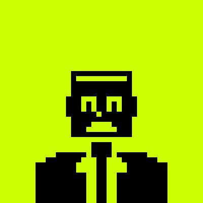 A pixel-art portrait of a blocky black figure with yellow glowing eyes and a stitched mouth on a bright green background.
