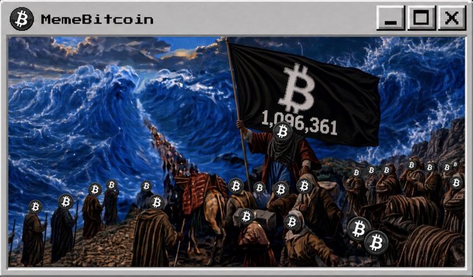 A 'MemeBitcoin' meme styled as a Windows window, depicting a Moses-like figure leading a crowd through parting waters while holding a Bitcoin flag marked '1,096,361'.
