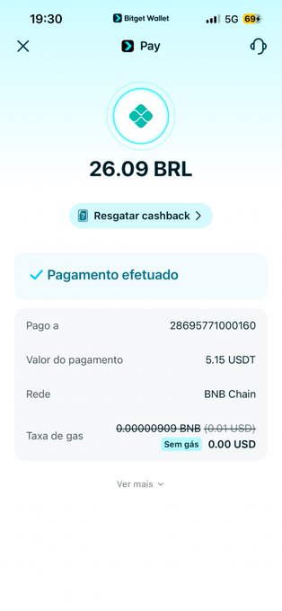 A Bitget Wallet screenshot showing a successful "Pagamento efetuado" payment of 26.09 BRL (5.15 USDT) via BNB Chain with zero gas fees (0.0000909 BNB), illustrating the cashback feature mentioned in the post.