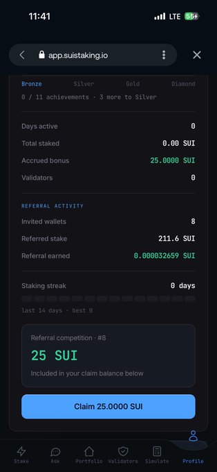 A mobile screenshot displays the 'app.suistaking.io' profile page, showing a Bronze tier with 25.0000 SUI accrued bonus and a button to claim 25.0000 SUI.