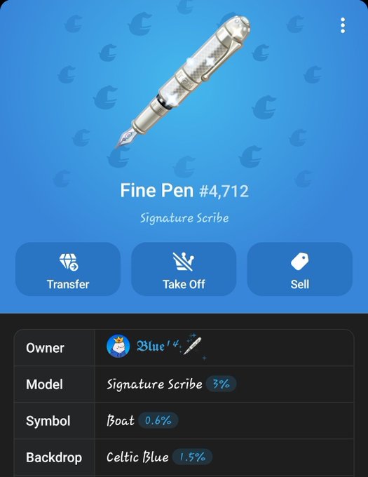 A screenshot of a digital collectible app displays a 'Fine Pen #4,712' with the 'Signature Scribe' model, featuring a silver fountain pen against a blue backdrop with faint Crescat logos.
