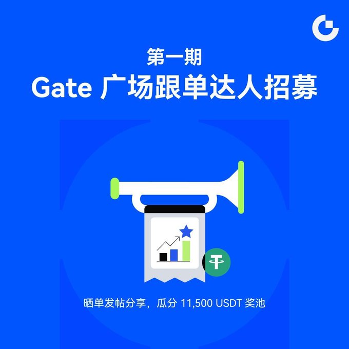 A blue promotional graphic featuring Chinese text '第一期 Gate 广场跟单达人招募' and '晒单发帖分享，瓜分 11,500 USDT 奖池', with illustrations of a trumpet and a chart with an upward arrow.