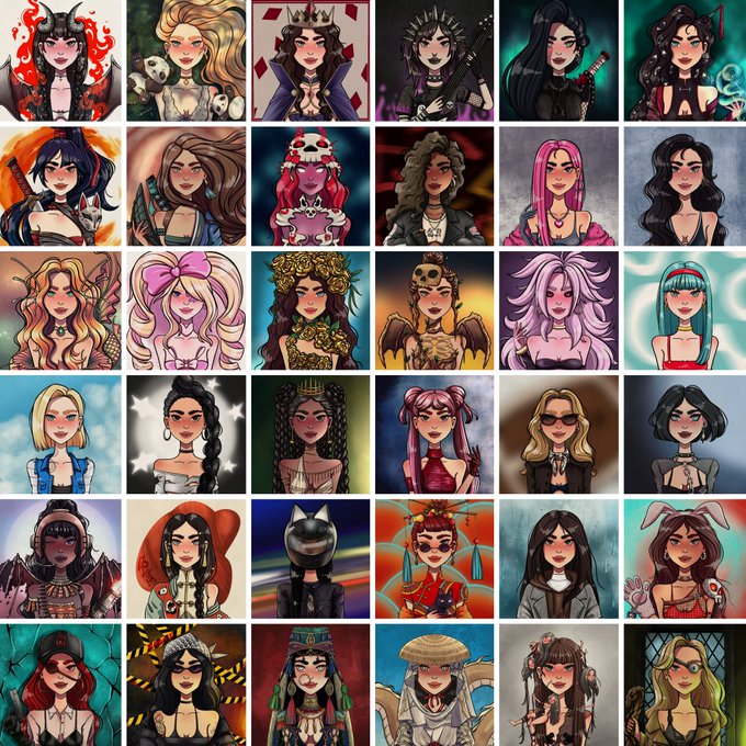 A grid of 36 stylized cartoon portraits featuring various female characters with diverse hair colors, outfits, and accessories including crowns, guitars, and bunny ears.