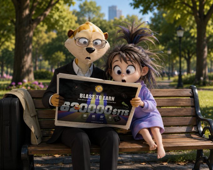 Two animated characters—an anthropomorphic cat in a suit and a wild-haired girl—sit on a park bench holding a large check that reads 'BLAST TO EARN 6200000 USDT'.