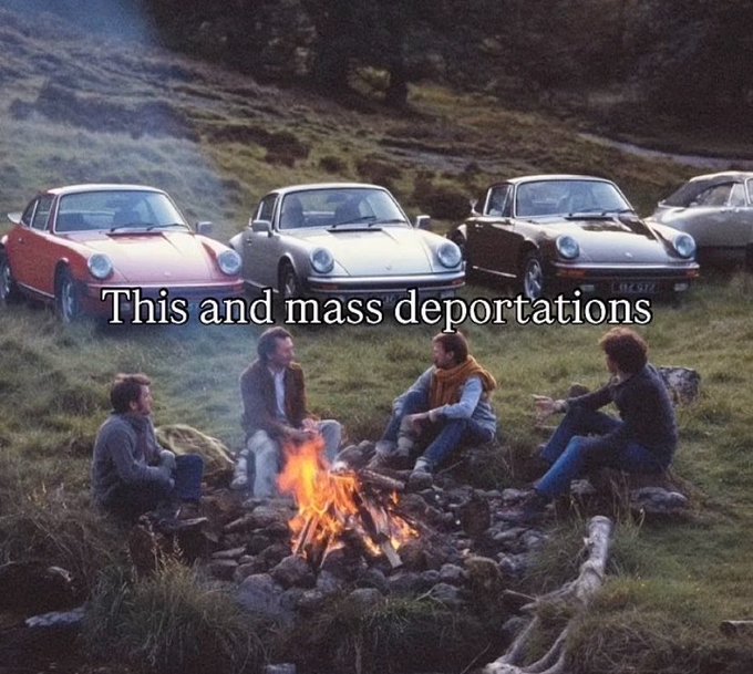 urn of fire burns brightly on a rocky hillside, with four individuals seated around it and two cars parked nearby.