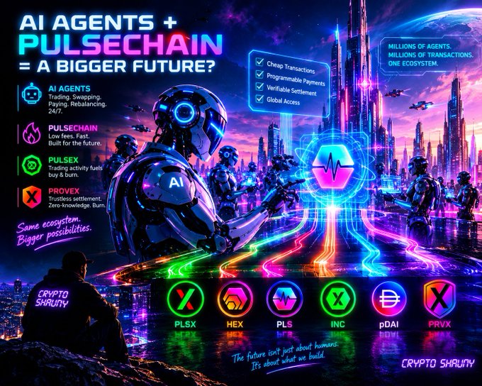 A colorful promotional graphic titled 'AI AGENTS + PULSECHAIN = A BIGGER FUTURE?' from 'Crypto Shaun' featuring information about AI Agents, PulseChain, PulseX, and Provex, with various crypto tokens displayed at the bottom including PLSX, HEX, PLS, INC, pDAI, and PRVX.