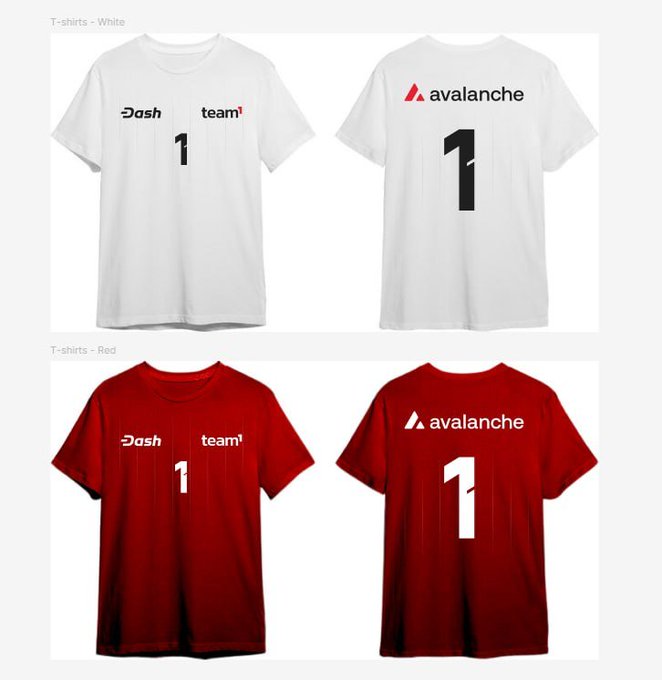 A product display showing front and back views of t-shirts in white and red, featuring 'Dash', 'team3', and 'avalanche' logos with the number '1'.
