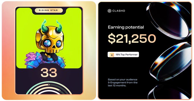A digital collectible card featuring a golden skull with horns labeled 'RISING STAR' and '33', alongside a 'CLASHO' dashboard showing 'Earning potential $21,250' and '10% Top Performer'.