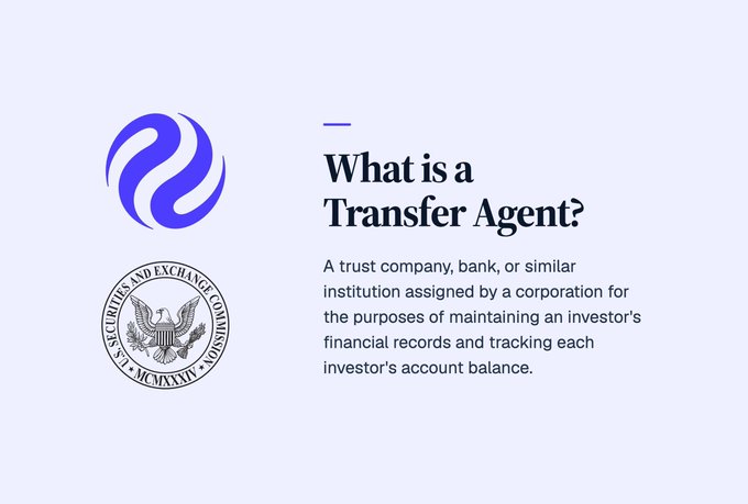 An informational graphic defining a Transfer Agent as 'a trust company, bank, or similar institution assigned by a corporation for the purposes of maintaining an investor's financial records and tracking each investor's account balance,' featuring logos for what appears to be a social media platform and the SEC.