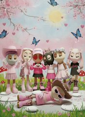 A group of stylized Sonny Angel-like figurines in spring attire stand together in a garden with cherry blossoms, butterflies, and mushrooms.