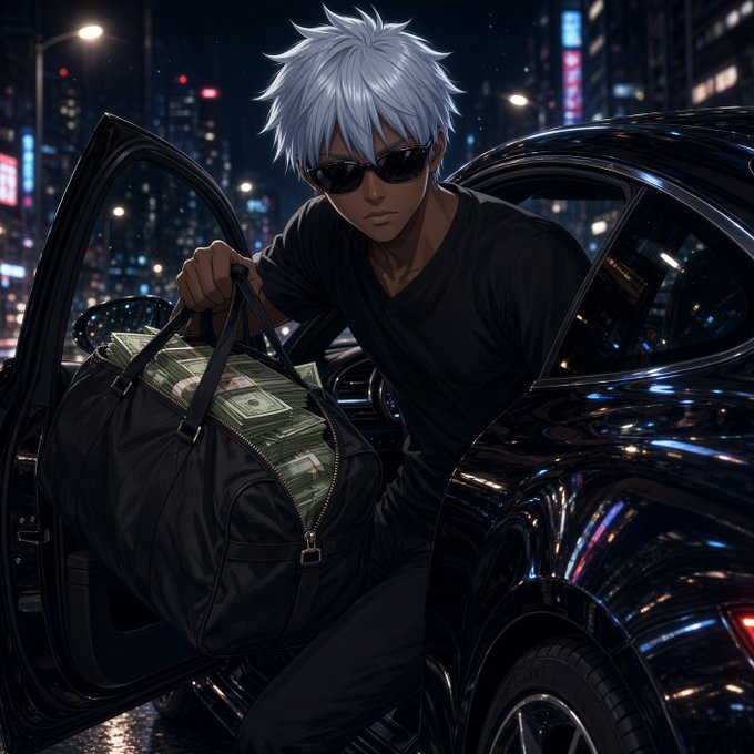 An anime-style illustration of a silver-haired man wearing sunglasses and a black shirt, holding a duffel bag full of cash while stepping out of a black car at night in a neon-lit city.