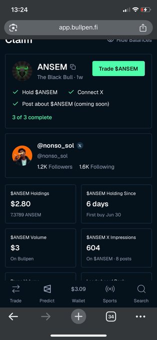 Bullpen app screenshot displaying $ANSEM 'The Black Bull' token claim page, showing user @nonso_sol with $2.80 holdings, 6 days holding, and $3 volume on Bullpen.
