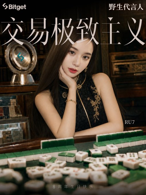 A Bitget promotional poster featuring a woman in a black and gold dress seated at a mahjong table, with Chinese text including '交易极致主义' and 'Bitget'.